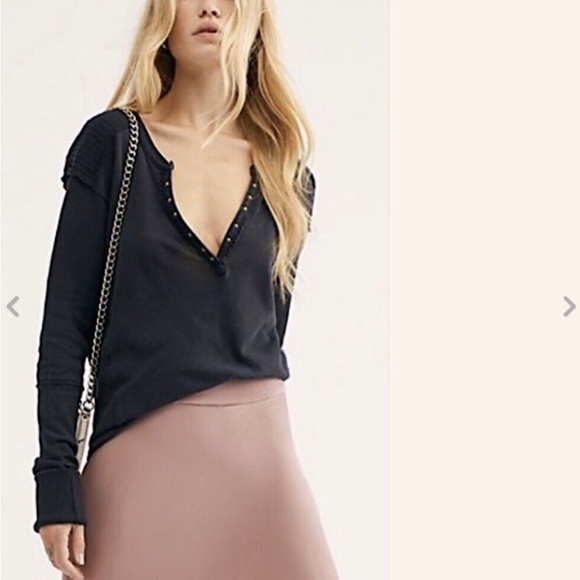 Free people] Black combo Army inspired Stud trim Relaxed fit Long sleeve T-shirt - Picture 1 of 12